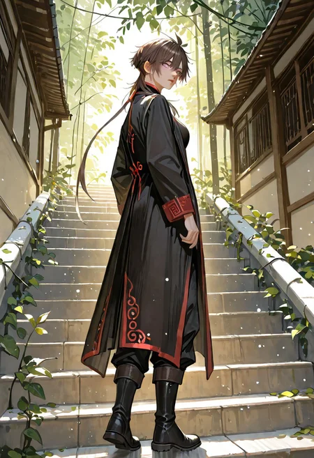 1girl, genderswap \(mtf\), genderswap, solo, male focus, zhuo-yi fan,brown hair,light purple eyes,long sleeves, standing, full body, outdoors, boots, pants, black footwear, from side, coat, black pants, leaf, plant, light particles,long hair,low pigtail,pigtail,intricate red trim, black coat, stairs,look back, vines, medium breasts, tomboy,
masterpiece, best quality, amazing quality,
Zhuo yi-fan-magic emperor,
<lora:Detailer_NoobAI_Incrs_v1:0.75>, masterwork, masterpiece, best quality, dynamic lighting , dynamic pose,, dynamic angle, , , (lineless:1.2), detailed, depth of field, dynamic lighting, blurry, (cheekbones:0.85), (realistic:1.2)
adult, aged up,, ultra-HD, cinematic lighting, photorealistic, (impressionism:1.5), high detail ,masterpiece, best quality, very aesthetic, 8k, perfect eyes