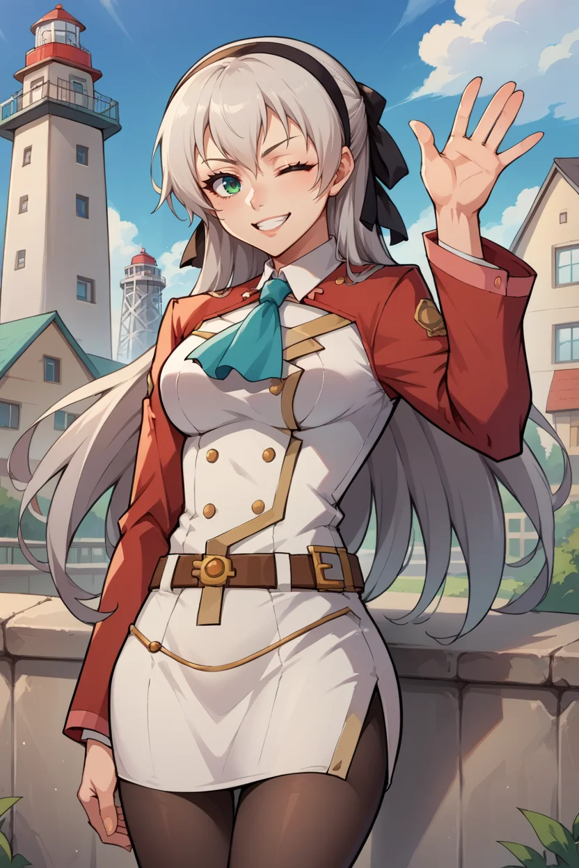 score_9, score_8_up, source_anime, 1girl BREAK <lora:elie-pdxl-nvwls-v1-000006:1> zeroElie, black hairband, hair ribbon, long hair, ascot, uniform, long red sleeves, white dress, pencil skirt, belt, pantyhose, wink, waving, hand on hip, looking at viewer, blue sky, docks, city, lighthouse