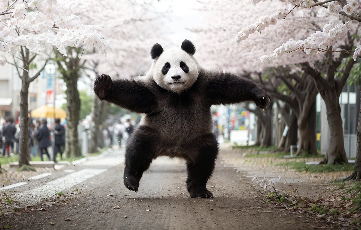 RAW, analog, masterpiece, leica_style, panda_tm, 1panda  <lora:panda_tm:0.8>, Kungfu, No impurities, ((On the streets of Shibuya in Tokyo, Cherry Blossom)), realistic, Depth of Field,  best quality, ultra sharp focus, volumetric atmosphere, borderlands,  natural lighting, subsurface scattering, 80mm, <lora:leicaLensStyle_v10:0.5>,