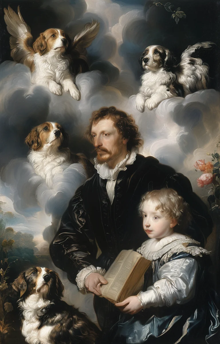 masterpiece,best quality,<lora:tbh218-sdxl:0.9>,illustration,style of Anthony van Dyck animals