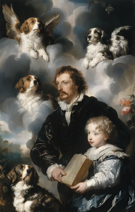 masterpiece,best quality,<lora:tbh218-sdxl:0.9>,illustration,style of Anthony van Dyck animals