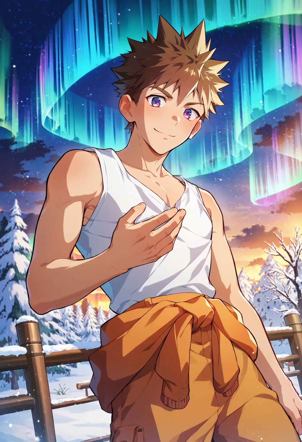 score_9, score_8_up, score_7_up, source anime, yaoi, gay, nsfw, year 2023, 1boy, male focus, solo, <lora:Sora:0.9> sora, brown hair, spiked hair, white tank top, clothes round waist, orange jumpsuit, north pole, winter, aurora borealis, looking at viewer, gentle smile, <lora:AHR_Studio:0.8> AHR style, <lora:xl_more_art-full_v1:0.5>, <lora:add-detail-xl:1>, best quality, amazing quality, best aesthetic, absurdres