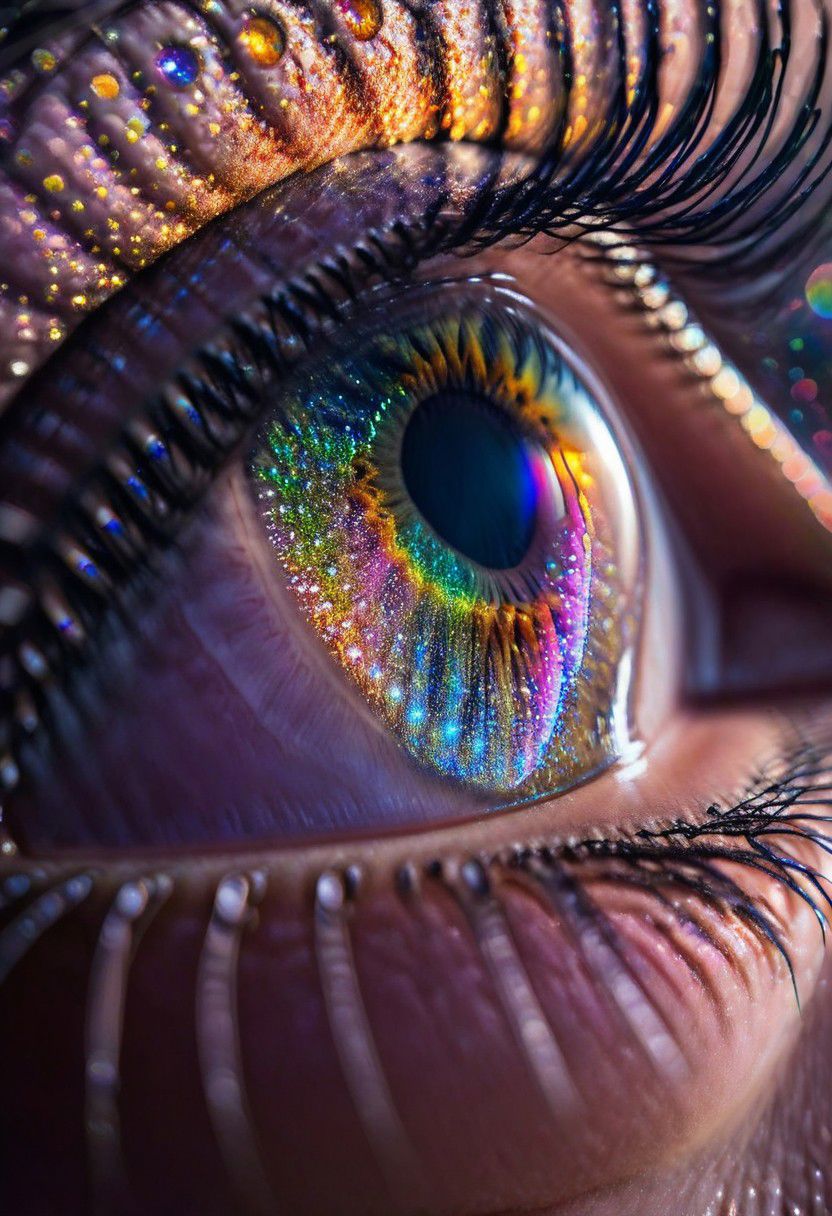Extreme close up Portrait of a woman, with a rainbowiridal galaxy in the eyes, highly detailed, tears, emotional, bokeh, taken at an angle, f/1.2, canon photography