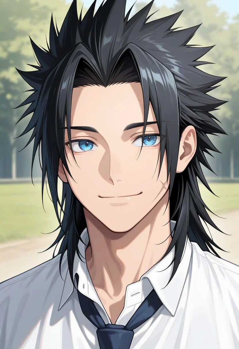 masterpiece,best quality,amazing quality, source_anime,
ZakkusuFea, 1boy, male focus, solo, blue eyes, black hair, spiked hair, medium hair, scar on cheek, portrait, smile, outdoor, shirt, white shirt, necktie,