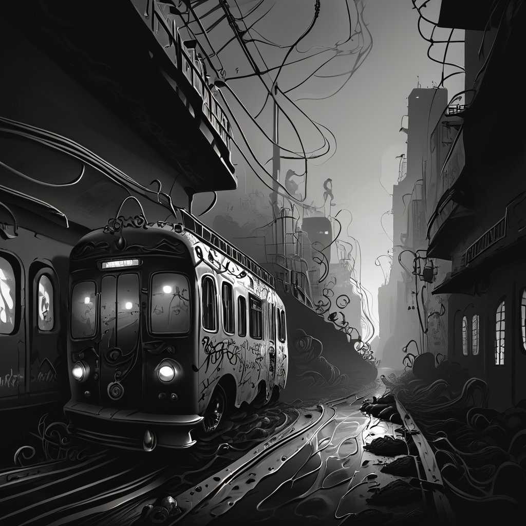 Nosferatu warren in abandoned subway tunnel. Monstrous vampires lurking in shadows, makeshift technological setup. Dripping water, rat swarms, graffiti-covered train cars. Gritty textures, limited color palette, emphasis on grotesque beauty. Underground city vibe, claustrophobic framing. core_9, score_8_up, score_7_up,   <lora:ArsMorph_-_World_of_Darkness_Pony:1> ArsWorldOfDarkness,