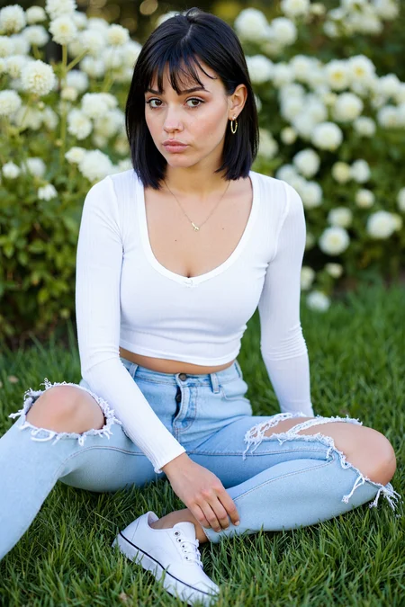 sony_a7III professional style photo, Young woman with relaxed expression, early 20s, medium build, porcelain skin tone, diamond shaped face, looking directly at the viewer, black stylish haircut, wearing a white ribbed V-neck long-sleeve top, light blue ripped skinny jeans, vans sneakers with visible laces, subtle makeup with bronzed eyeshadow, soft pink lipstick, wearing small gold hoop earrings and a delicate gold necklace, sitting on green grass with one knee bent and arms resting casually, surrounded by white flowers and dense green bushes, outdoor setting, late afternoon natural lighting, soft focus background highlighting subject's details