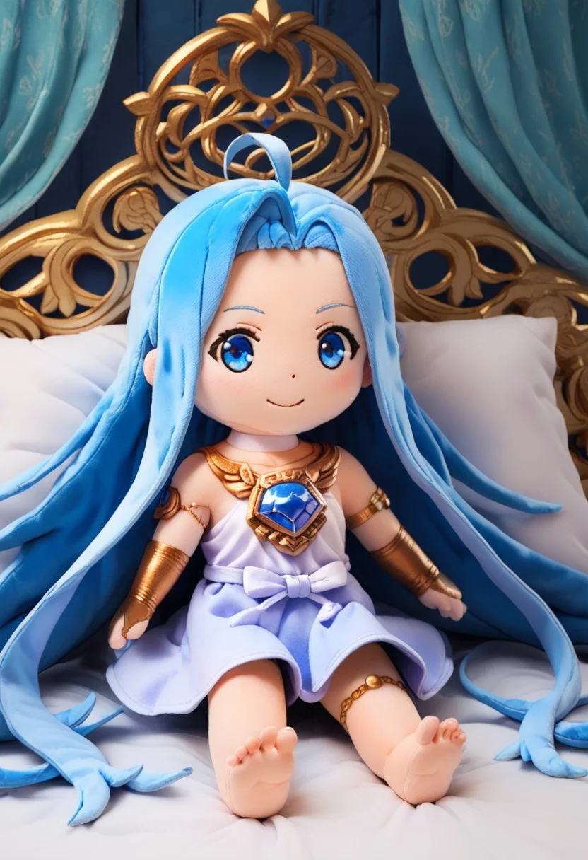 score_9, score_8_up, score_7_up, plushify, character stuffed toy, chibi, solo, bed, luriabase, blue hair, very long hair, ahoge, lyrdefdress, choker, collarbone, gem, jewelry, bridal gauntlets, thighlet, barefoot, smile
