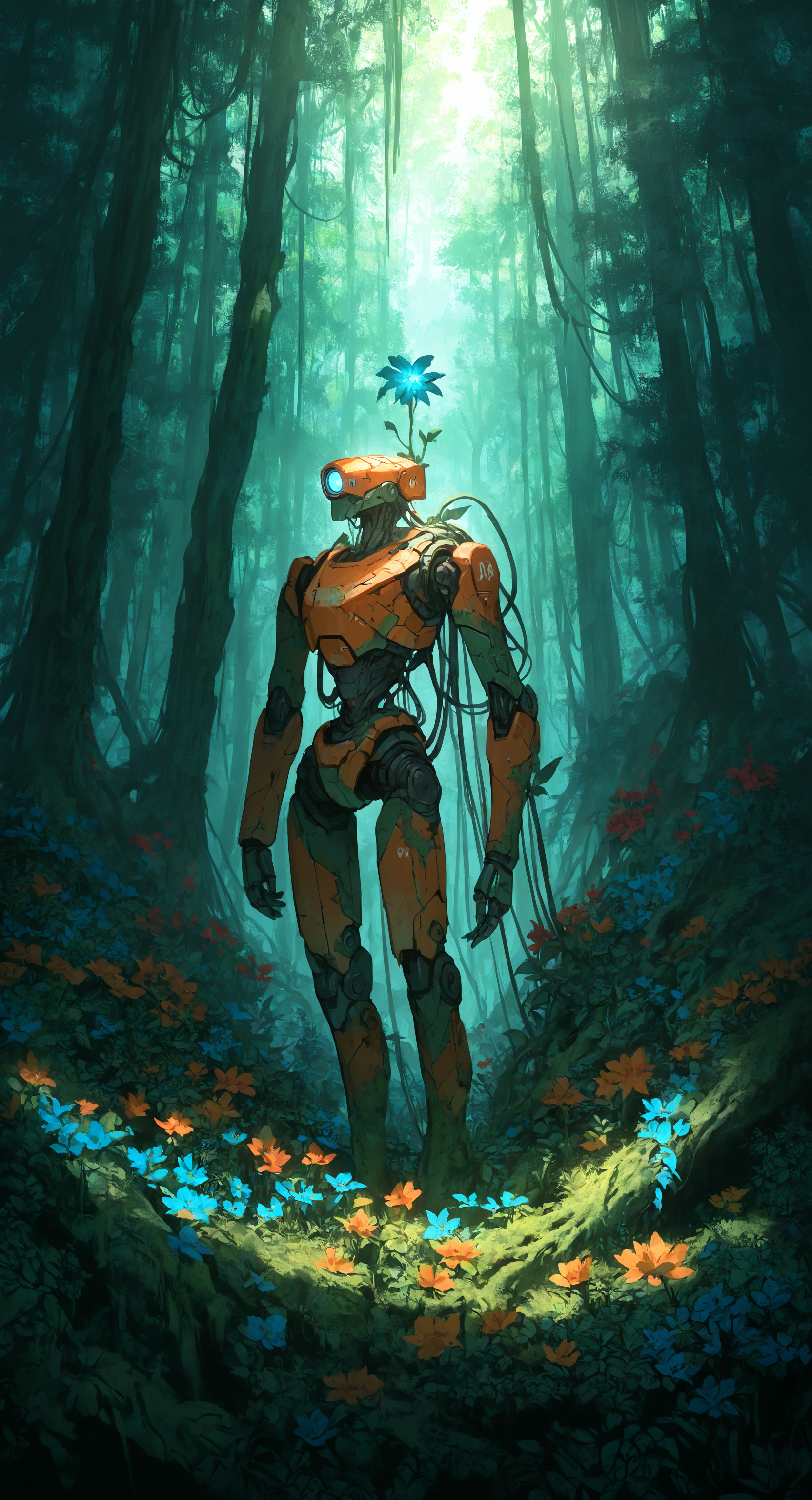 masterpiece, best quality, good quality, very aesthetic, absurdres, newest, solo, standing, full_body, flower, outdoors, day, tree, no_humans, glowing, leaf, plant, red_flower, robot, 1other, scenery, nature, mecha, science_fiction, blue_flower, forest, yellow_flower, cable, joints, vines, robot_joints, orange_flower, moss, humanoid_robot, overgrown <lora:ponyv4_noob1_2_adamW-000017:0.7> <lora:USNR_STYLE_XL_lokr:0.45>