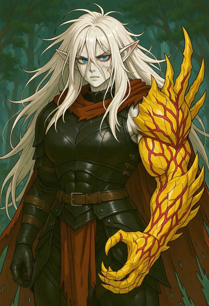 masterpiece, best quality, newest, absurdres, highres, DARV1.0, prosthetic arm, prosthesis, veins, claws, 1girl, pale, white skin, colored skin, pale skin, elf, pointy ears, muscular woman, armor, cape, leather armor, scar, scars on face, white hair, long hair, messy hair, black armor, black leather, blue eyes,