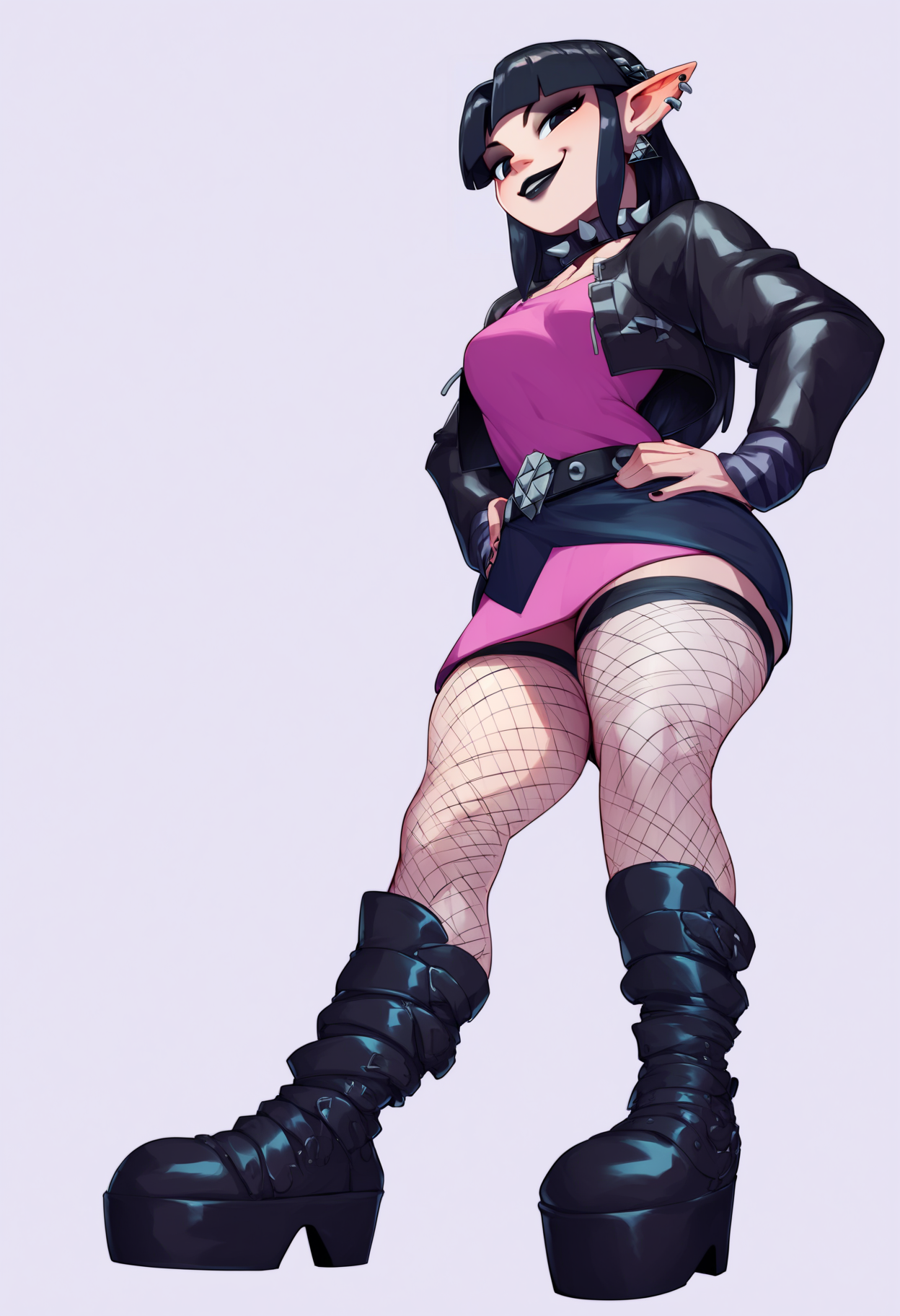 score_9, score_8_up, score_7_up, score_6_up, score_5_up, score_4_up BREAK
1girl, goth princess zelda, black braided hair, black lips, fishnet stockings, high platform boots, spiked collar, jacket, hands on hips, standing, smile, looking at viewer, solo, simple background, white background   <lora:RavenRavenRavenXLLocon:1>