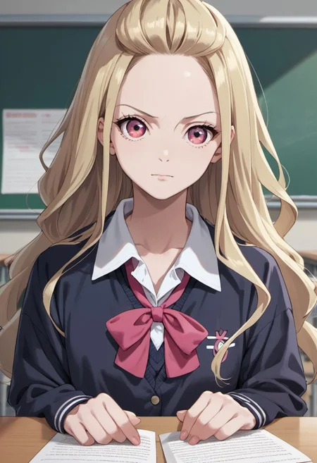 score_9, score_8_up, score_7_up, source_anime, saimori kaya, long hair, blonde hair, pink eyes, 1girl, solo, looking at viewer, school uniform, classroom, closed mouth