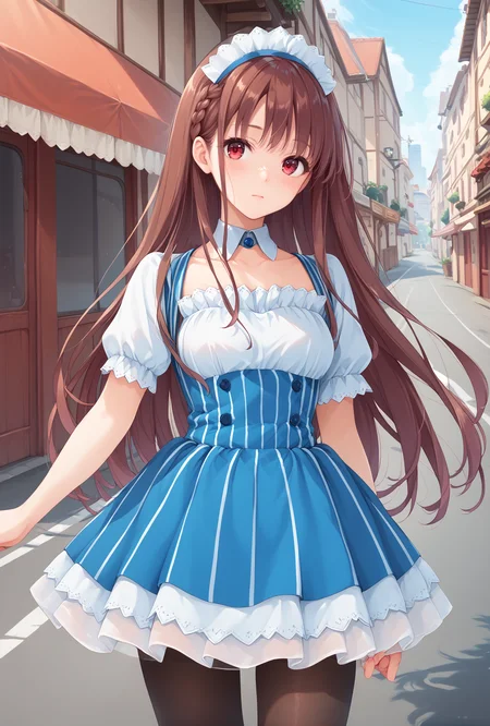 score_9, score_8_up, score_7_up, score_6_up, score_5_up, score_4_up,anime,cowboy shot,
ensemble style,izumi(ensemble),1girl,brown hair,red eyes, long hair, braid,shy,
katoumaid, vertical stripes,striped,blue short dress,maid, maid headdress, puffy short sleeves, detached collar, frills,
outdoors,pantyhose,outstretched arm, road,street,cityscape,<lora:IzumiXLPony:1>,<lora:katoumaidXLPony:1.2>