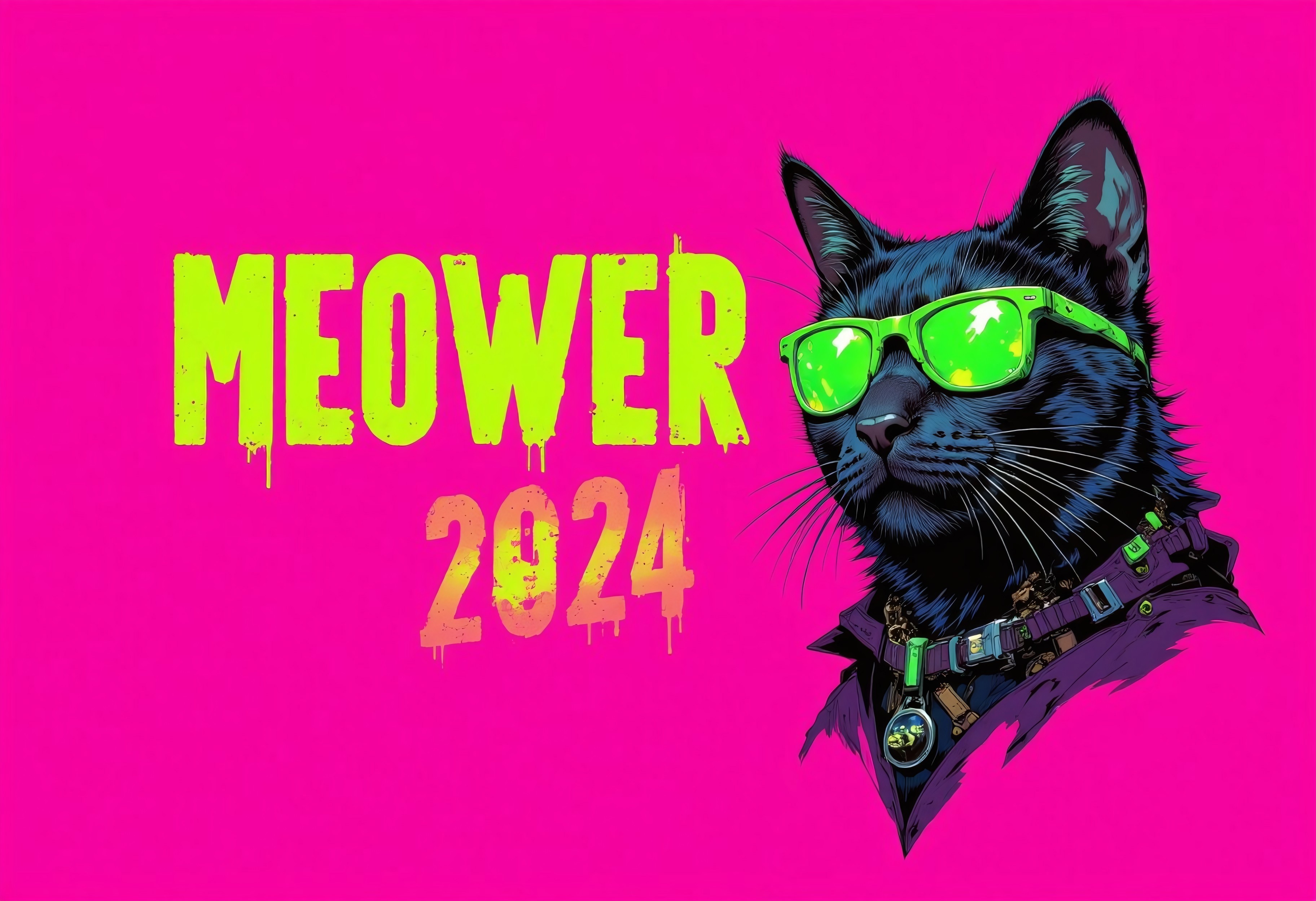 A cyberpunk cat with sunglasses on the left side. Background of solid magenta. The text "MEOWER2024" in bright lime green  in large font