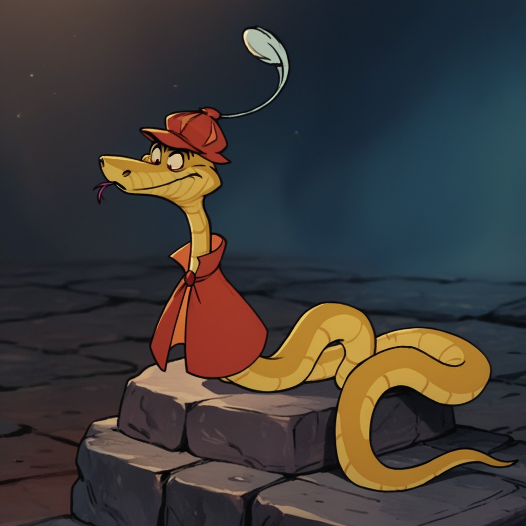 score_9, score_8_up, score_7_up, score_6_up, score_5_up, score_4_up, source_furry, sirhissRH, feral, male, snake, olive green scales, red hat, red cape, coiled, on a rock,