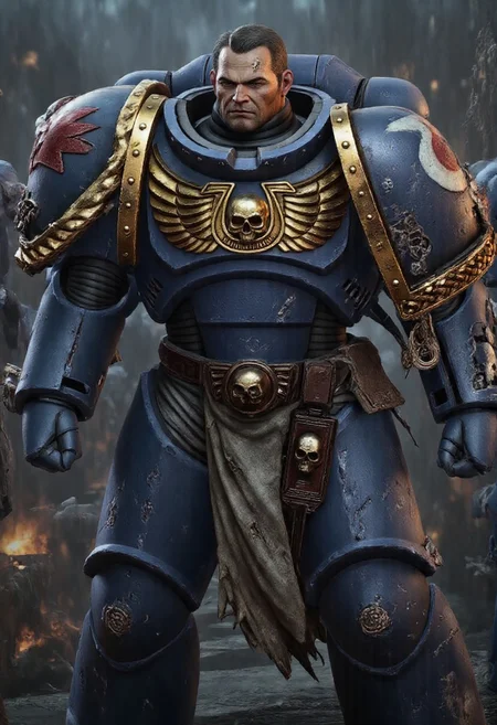 mature adult style, masterpiece, absurdes, action shot, war footage,
(titus, ultramarine:1.3)
sci-fi castles, partial destruction of castle, gothic architecture, 
holding chainsword, magic, thunder, explosion, dead bodies, death,
wearing detailed power armor, (robe, tubes:1.3), old, facial hair, glowing blue eyes,
(scifi scene, male focus:1.35), rain, thunderstorm, dark ambiance, burning buildings, burning aircraft, futuristic aircraft landing in the background,
<lyco:cosmetic - UnlimitedBladeWorks1.6:0.6> <lora:artstyle - LowRA:0.6><lora:ULTRAMARINES MK1 by CCARAXESS:0.98>