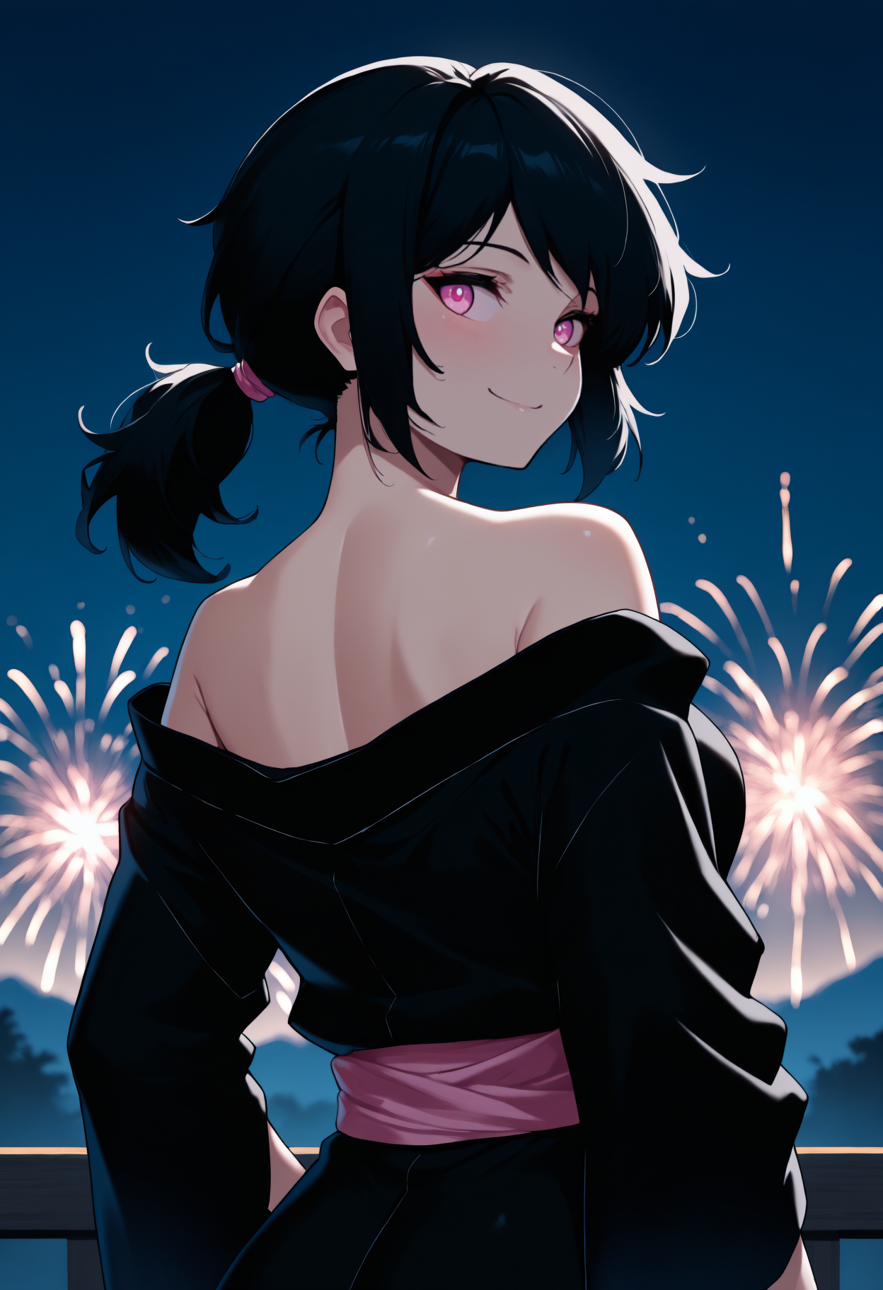 masterpiece, best quality, newest, anime, from behind, solo, 1girl, smile, looking back, black hair, ponytail, pink eyes, japanese clothes, black kimono, off shoulder, pink sash, bare shoulders, outdoors, night, fireworks
<segment:yolo-Anzhc Face seg 640 v2 y8n.pt,0.4,1//cid=11>