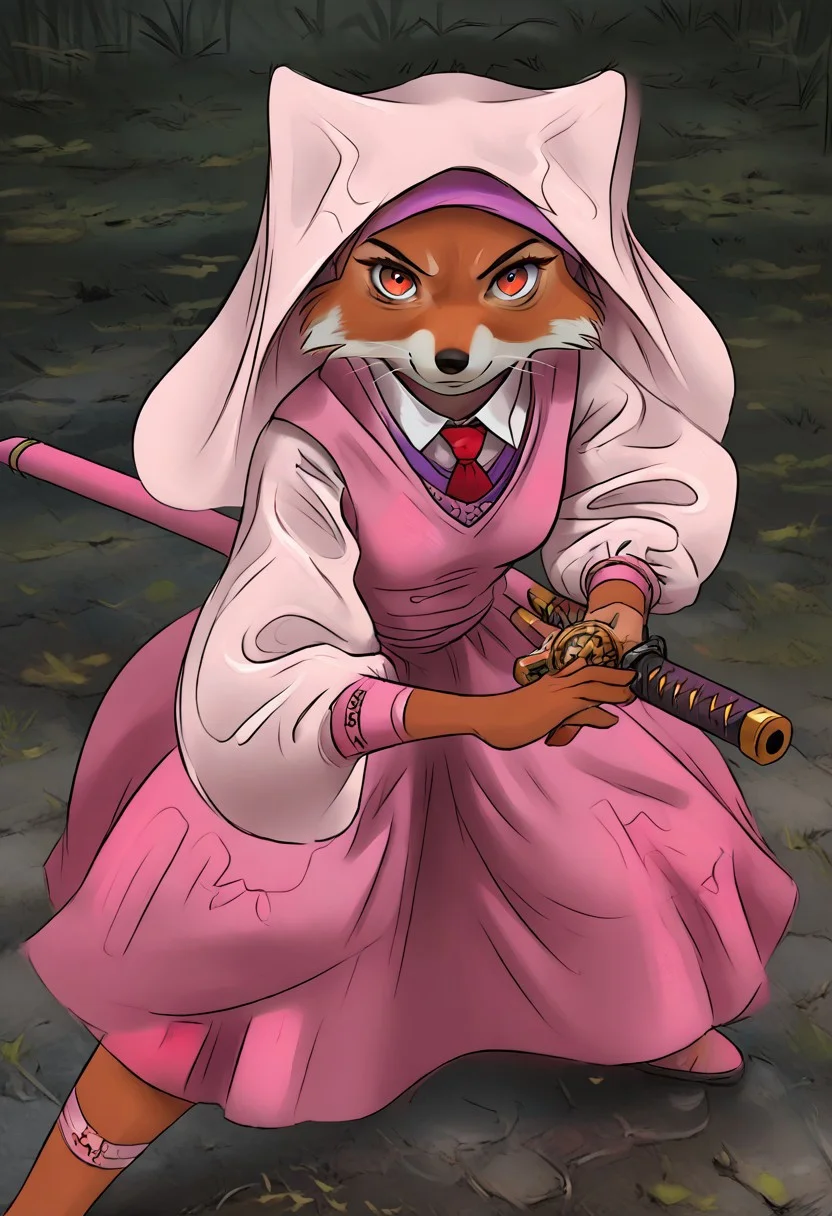 1girl, maid_marian, pink dress, pink headwear, orange fur, medium breasts, school uniform,
weapon, holding sword, battoujutsu, battoujutsu stance, ready to draw, sheathed, unsheathing, scabbard, fighting stance,
from above, fisheye lens, looking down, water eye, workplace, closed mouth,
masterpiece, best quality, very aesthetic, absurdres