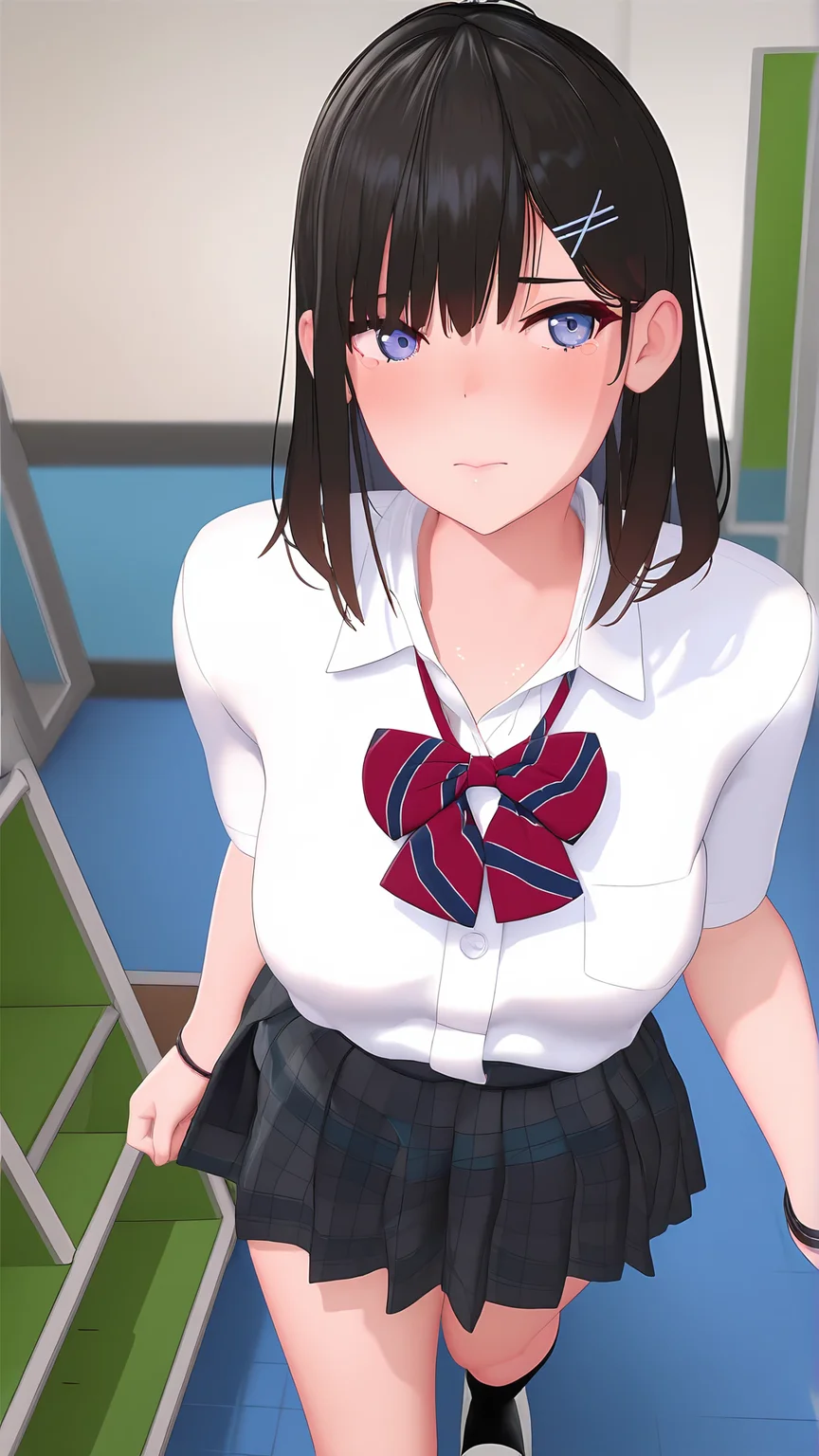 amazing quality,absurdres,best quality,masterpiece,highres,newest,detailed,detailed body,detailed face,masterpiece,best quality,solo,3d,realistic,
SexManager,1girl,black hair,solo,hairclip,white shirt,hair ornament,bowtie,school uniform,short sleeves,collared shirt,closed mouth,blue eyes,striped bowtie,plaid skirt,pleated skirt,black socks,indoors,shoes,<lora:SexManager:1>,