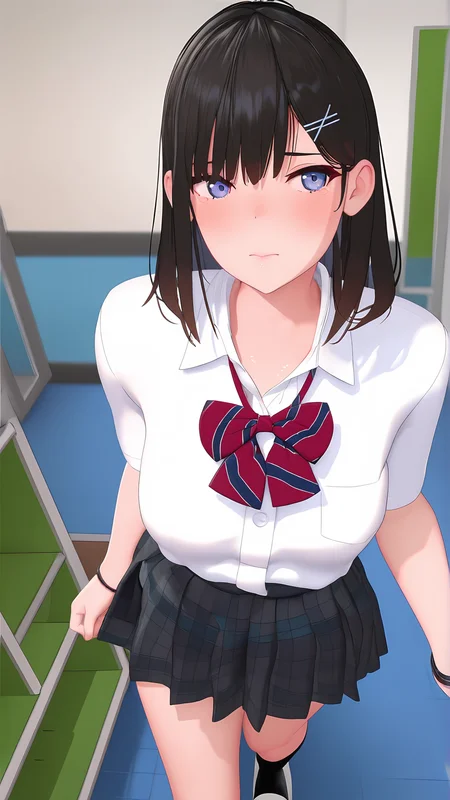 amazing quality,absurdres,best quality,masterpiece,highres,newest,detailed,detailed body,detailed face,masterpiece,best quality,solo,3d,realistic,
SexManager,1girl,black hair,solo,hairclip,white shirt,hair ornament,bowtie,school uniform,short sleeves,collared shirt,closed mouth,blue eyes,striped bowtie,plaid skirt,pleated skirt,black socks,indoors,shoes,<lora:SexManager:1>,
