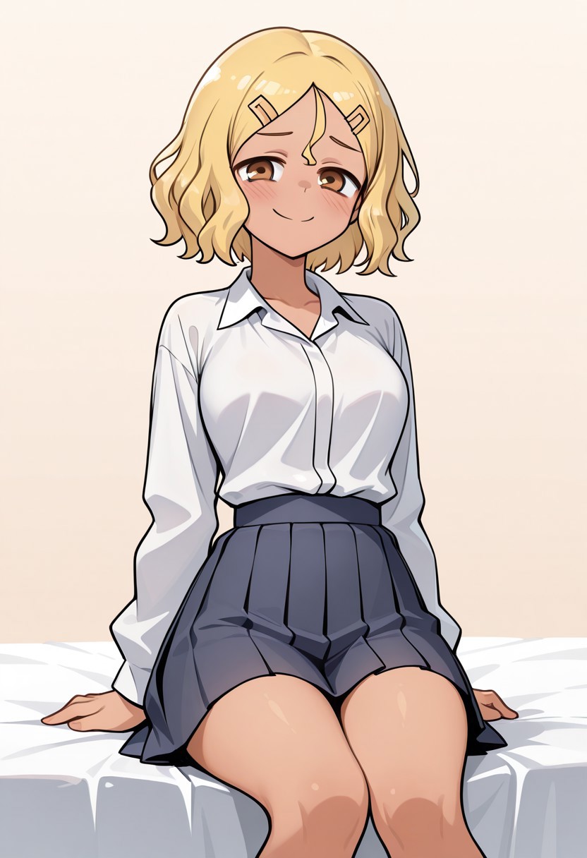 masterpiece, best quality, 32k, high resolution, absurdres, sakura (nagatoro), sitting, skirt, long sleeves, medium breasts, pleated skirt, collared shirt, cowboy shot, tan