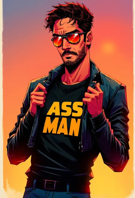The image is a digital drawing in a vibrant, stylized comic book art style. It features a young man with curly, dark brown hair and a scruffy beard. He has a medium complexion and is wearing aviator sunglasses with reflective lenses that glow with a gradient of orange and red, reflecting the warm colors of the sunset. The man is dressed in a black leather jacket over a black shirt with a graphic print that appears to say "ASS MAN" in bold, yellow letters.He is holding up his shirt with fingers on both hands