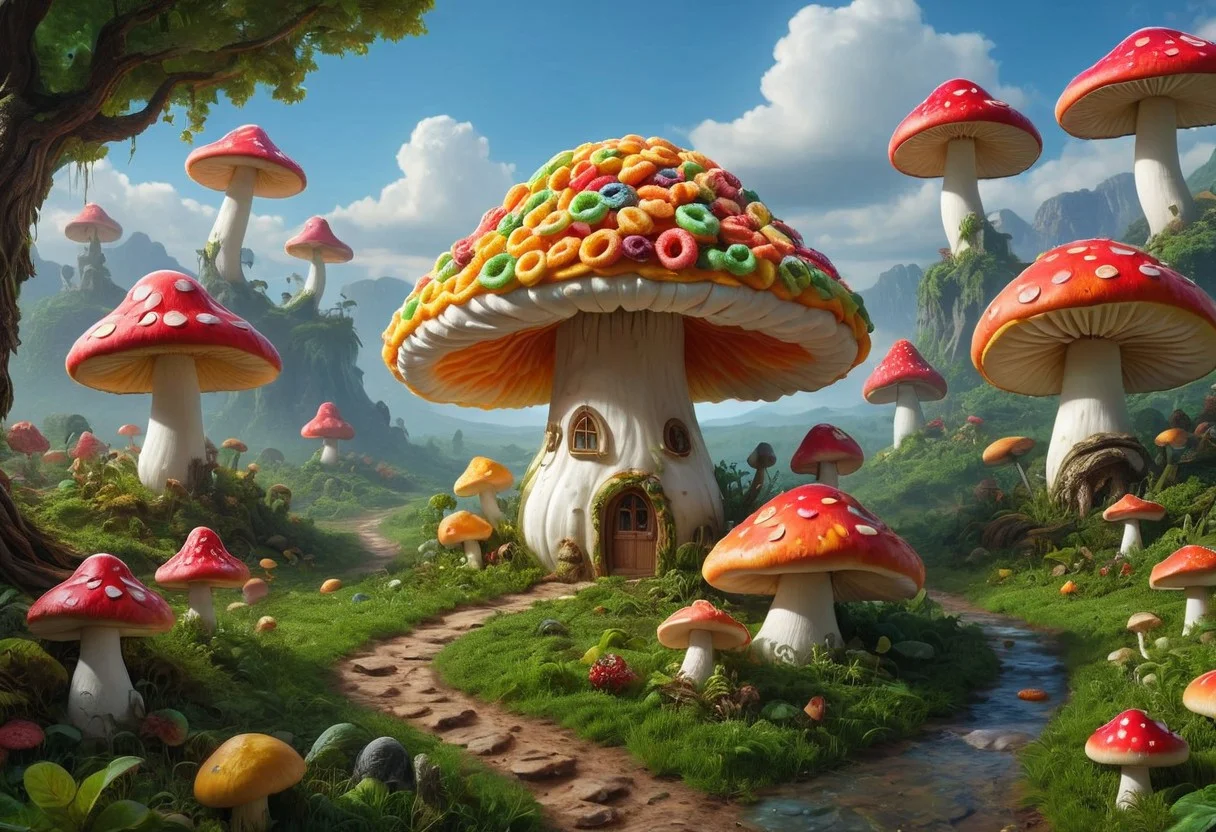 made of Fruit loops , epic digital picture of a fantasy landscape under a gigantic fruit loop mushroom , masterpiece, dramatic cinematic lighting, unforgettable, very intricate, high detail , photorealistic detail, ultra-realism , photorealistic, ultra detailed ,octane render, <lora:FruitLoopStyle_epoch_9:0.4> <lora:SDXLFaeTastic2400:0.5>