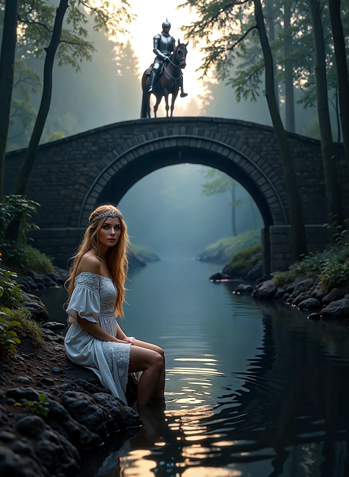 Hyperrealistic art a serene, mystical forest scene. The central focus is a young woman with long, flowing blonde hair, sitting on a rocky bank by a calm, reflective river. She wears a white, off-the-shoulder dress with intricate lace detailing and a delicate headband. Her expression is contemplative, and she gazes towards the middle ground. In the background, a stone bridge arches over the river, creating a picturesque symmetry. The bridge is made of large, gray stones, and its arch is slightly arched, adding a sense of grandeur. On the bridge, a knight in full medieval armor, with a helmet and a sword, rides a brown horse. The horse's hooves are raised slightly, as if mid-gallop. The knight's armor is polished and reflective, catching the soft light filtering through the dense forest canopy. The forest is lush with tall trees, their trunks and branches forming a dense, leafy canopy that filters the light, creating a soft, ethereal glow. The ground is covered in greenery, and the water of the river is calm and mirror-like, reflecting the scene above. The overall atmosphere is one of tranquility and otherworldly beauty. <lora:add-detail-xl:.5> <lora:Flux-style-xl-lora:.5>