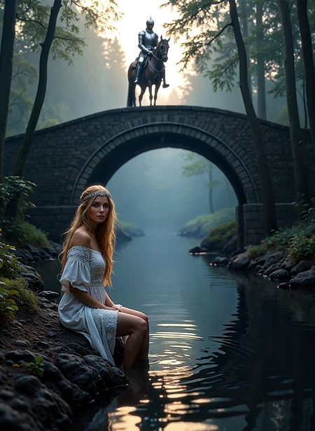 Hyperrealistic art a serene, mystical forest scene. The central focus is a young woman with long, flowing blonde hair, sitting on a rocky bank by a calm, reflective river. She wears a white, off-the-shoulder dress with intricate lace detailing and a delicate headband. Her expression is contemplative, and she gazes towards the middle ground. In the background, a stone bridge arches over the river, creating a picturesque symmetry. The bridge is made of large, gray stones, and its arch is slightly arched, adding a sense of grandeur. On the bridge, a knight in full medieval armor, with a helmet and a sword, rides a brown horse. The horse's hooves are raised slightly, as if mid-gallop. The knight's armor is polished and reflective, catching the soft light filtering through the dense forest canopy. The forest is lush with tall trees, their trunks and branches forming a dense, leafy canopy that filters the light, creating a soft, ethereal glow. The ground is covered in greenery, and the water of the river is calm and mirror-like, reflecting the scene above. The overall atmosphere is one of tranquility and otherworldly beauty. <lora:add-detail-xl:.5> <lora:Flux-style-xl-lora:.5>