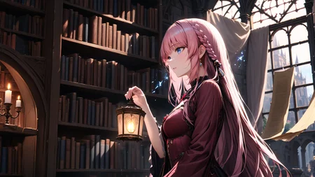 upper_body,from_side,<lora:hakaseayaka-base-02-XL:0.6>,hakaseayaka,braided hair,bangs,high detailed,ultra-detailed,a magical girl wearing a red and black robe,with pink long hair and blue eyes,searching for books inside a vast,dark,ancient castle library,8k,towering bookshelves filled with old,dusty tomes,dim candlelight casting flickering shadows,glowing magical runes floating in the air,mysterious mist creeping along the stone floor,gothic arches,enchanted atmosphere,focused expression,scattered ancient scrolls,faint glimmers of light reflecting off metallic book spinesCinematic Lighting,((masterpiece)),((best quality)),absurdres,<lora:detailed_notrigger:1>,<lora:xl_more_art-full_v1:0.8>,