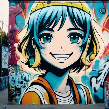 front view photo of a graffiti art wall with a drawing of a zoomed out cute anime cartoon girl on it with a smug smile, <lora:UrbanGraffiti:1>, UrbanGraffiti, cinematic light, (masterpiece:1.3), (intricate:1), best quality