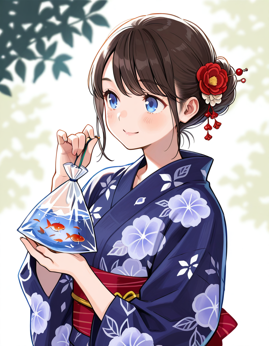 score_7_up, anime BREAK official art, solo, 1girl, one girl, 
<lora:natsumatsuri:1>, natsumatsuri, 
1girl, japanese clothes, solo, hair ornament, smile, floral print, holding, blurry, blue yukata, goldfish bag, yukata
(masterpiece:1.3), best quality, high resolution, unity 8k wallpaper, extremely detailed CG, 8K, (watercolor \(medium\), muted color, sketch:1.1), perfect anatomy, highly finished, masterpiece, best quality, high quality, amazing quality, great quality, very aesthetic, ultra detailed, highres, absurdres, highly detailed, highly detailed background,