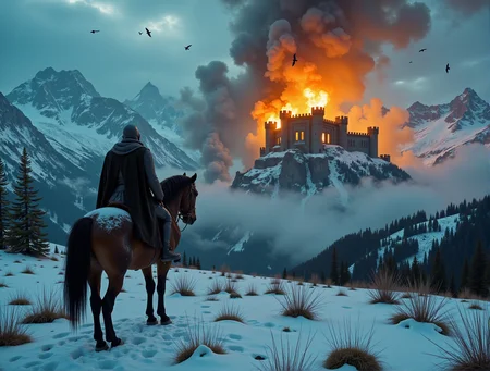 dramatic composition with close up of a knight on a horse looking at snow covered mountain with a castle, fire at a castle with a lot of smoke, eroded interiors, intel core, dark cyan and orange, made of wrought iron, birds fly in the sky, heavy shading, heavy wind, extreme weather, dark time <lora:AntiBlur:1.7>