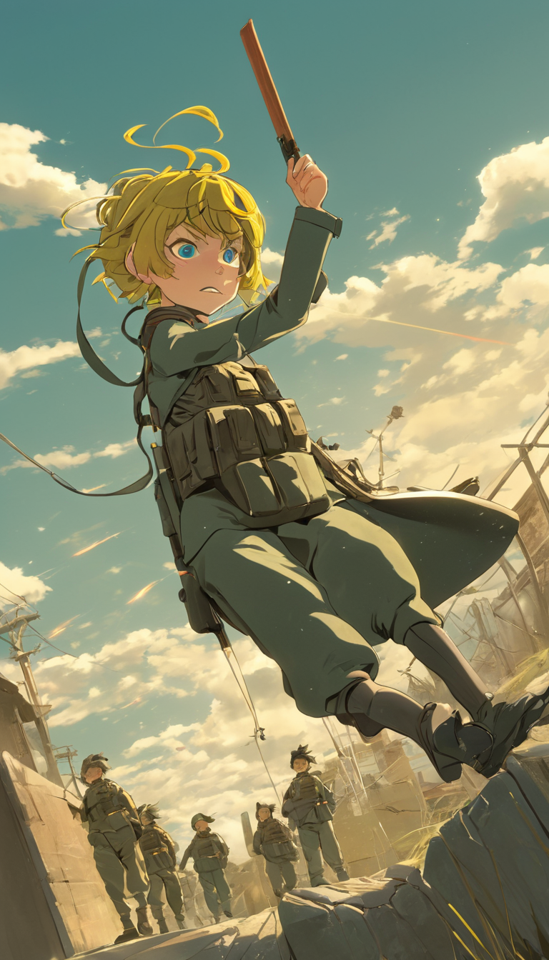 Cinematic scene, hero view, Tanya Degurechaff , Youjo Senki, action pose, detailed background, masterpiece, best quality, high quality, absurdres <lora:tanya_degurechaff_xl_v4:1>, (Studio ghibli style, Art by Hayao Miyazaki:1.2), Anime Style, Manga Style, Hand drawn, cinematic, Sharp focus, humorous illustration, big depth of field, Masterpiece, concept art, trending on artstation, Vivid colors, Simplified style, trending on ArtStation, trending on CGSociety, Intricate, Vibrant colors, Soft Shading, Simplistic Features, Sharp Angles, Playful