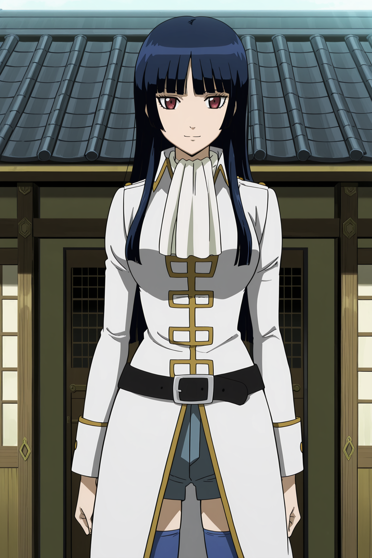 anime coloring, anime screencap, masterpiece, best quality, amazing quality,
 <lora:Imai_Nobume_Gintama_-_Illustrious:1>
outside, feudal Japanese building,
Mimawarigumi uniform, Imai Nobume, 1girl, solo, blue thighhighs, long hair, dark blue hair, hime cut, blunt bangs, red eyes, white boots, belt, shorts, cowboy shot, looking at the viewer, light smile