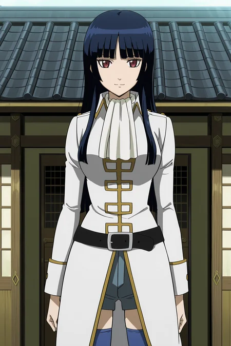 anime coloring, anime screencap, masterpiece, best quality, amazing quality,
 <lora:Imai_Nobume_Gintama_-_Illustrious:1>
outside, feudal Japanese building,
Mimawarigumi uniform, Imai Nobume, 1girl, solo, blue thighhighs, long hair, dark blue hair, hime cut, blunt bangs, red eyes, white boots, belt, shorts, cowboy shot, looking at the viewer, light smile