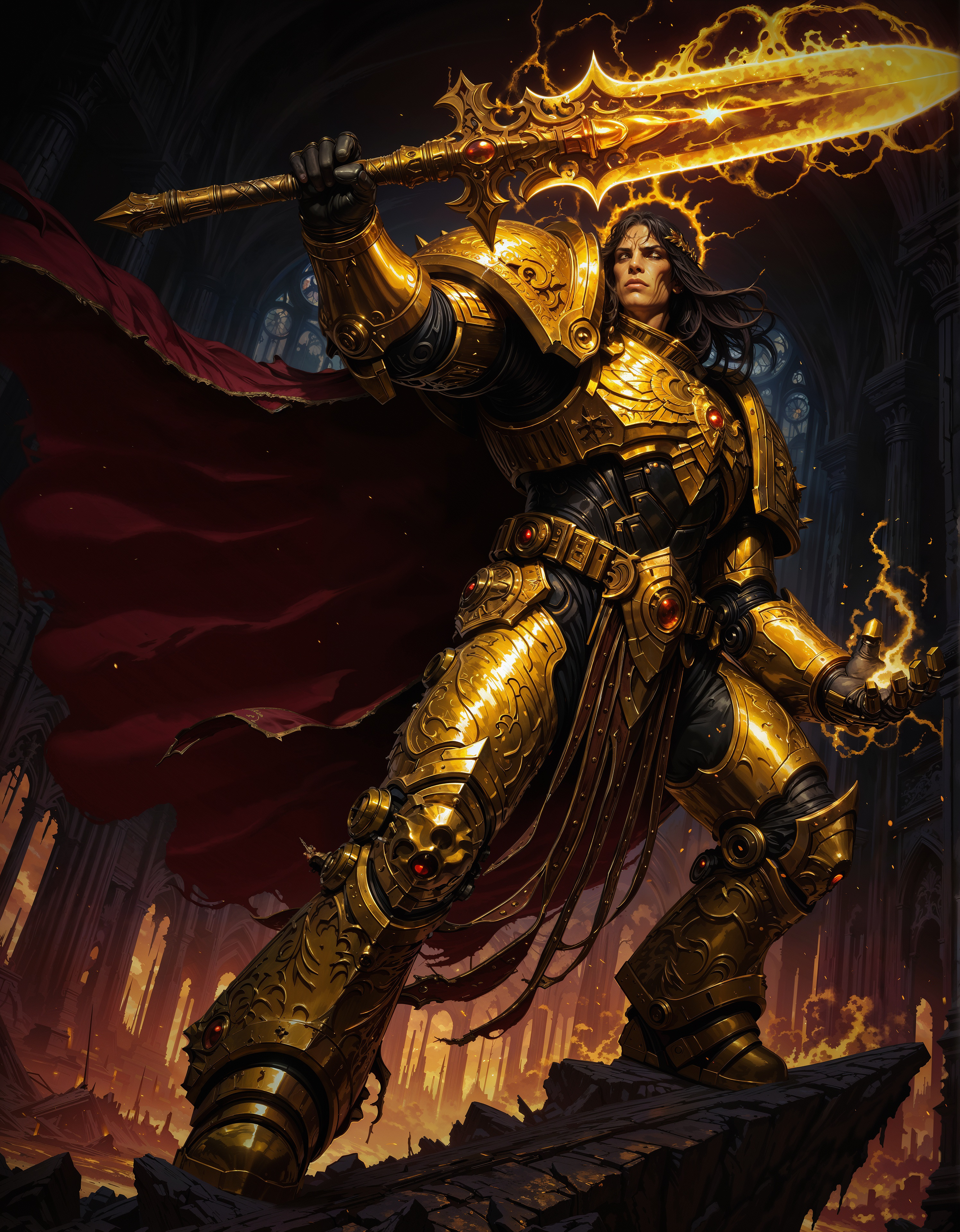 masterpiece, best quality,high quality, newest, highres,8K,HDR,absurdres, dynamic angle, realistic, 1boy, iLLEmperor40k, power armor, golden armor, solo, dark hair, holding a polearm, shadowy aura, ancient ruins, cursed weapon, tattered cape, battle stance, ethereal mist, detailed background, depth of field, dynamic pose, foreshortening, cinematic lighting, dramatic shadows, enchanted symbols, intricate magic patterns, deep color contrast, gothic architecture, dark theme, high fantasy setting., detailed background, dynamic pose, dynamic composition,dutch angle, detailed backgroud,foreshortening,blurry edges
<lora:iLLEmperor40k:1>  <lora:iLLMythM4gicalL1nes:0.8> M4gicalL1nes