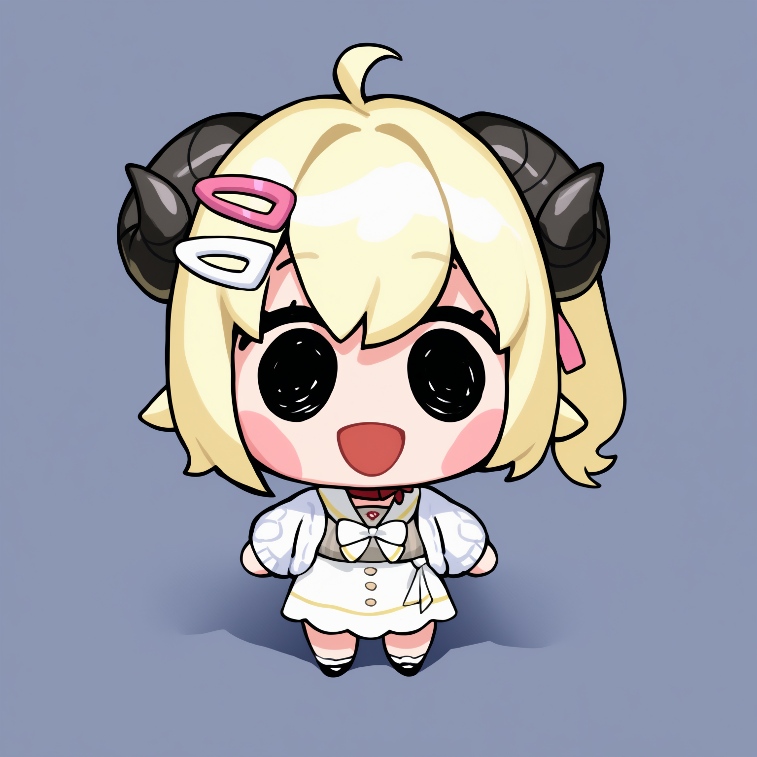 masterpiece, best quality, newest, chibi, full body, blush stickers, black eyes, solo, 1girl, WtmCasual, :d, standing, horns, blonde hair, ahoge, side ponytail, short hair, two-tone hairclip, yellow hairclip, pink hairclip, vertical-striped dress, grey dress, white skirt, high-waist skirt, white sailor collar, red choker, white bow, white cardigan, simple background
<segment:yolo-Anzhc Face seg 640 v3 y11n.pt,0.4,0.6//cid=11>