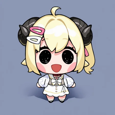 masterpiece, best quality, newest, chibi, full body, blush stickers, black eyes, solo, 1girl, WtmCasual, :d, standing, horns, blonde hair, ahoge, side ponytail, short hair, two-tone hairclip, yellow hairclip, pink hairclip, vertical-striped dress, grey dress, white skirt, high-waist skirt, white sailor collar, red choker, white bow, white cardigan, simple background
<segment:yolo-Anzhc Face seg 640 v3 y11n.pt,0.4,0.6//cid=11>
