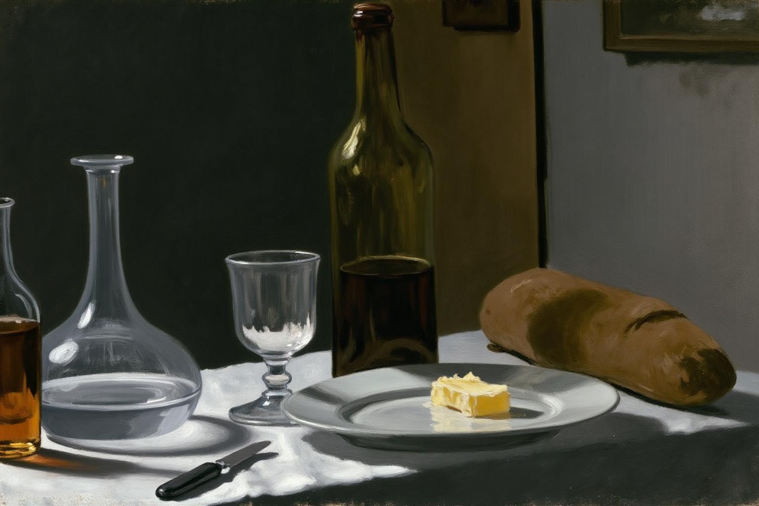 claudemonet1 painting. A cluttered table with a tall green wine bottle, a small white wine glass, a large clear glass decanter with a long neck, a baguette, and a white plate with a piece of butter and a small knife. <lora:claudemonet1_cap_d8a4e12:1.0><lora:843281034595379837:0>