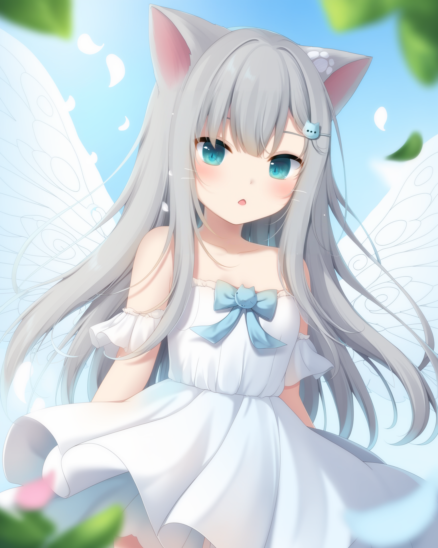 <lora:t-pony-Nya-K:0.85>,Best-A,amashiro_natsuki,Nachoneko_\(amashiro_natsuki\),
1girl, solo, animal_ears, grey_hair, long_hair, blue_eyes, cat_ears, looking_at_viewer, very_long_hair, hair_ornament, small_breasts, paw_in_eyes, breathtaking_effect, falling_petals, falling_feathers, beautiful_landscape, angelic_catgirl, detailed_wings, cute, [detailed_view|close-up|wide_angle_view], intricate_details, lush_forest_background, sunlight_filtering_through_trees, gentle_breeze_moving_petals, serene_river_in_background, soft_light_glow, ethereal_wings, delicate_feathers, adorable_expression