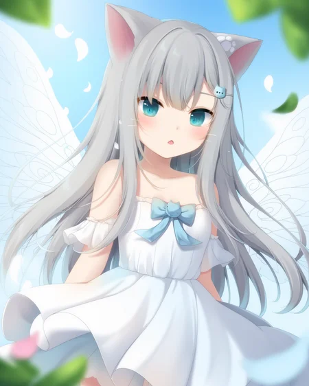 <lora:t-pony-Nya-K:0.85>,Best-A,amashiro_natsuki,Nachoneko_\(amashiro_natsuki\),
1girl, solo, animal_ears, grey_hair, long_hair, blue_eyes, cat_ears, looking_at_viewer, very_long_hair, hair_ornament, small_breasts, paw_in_eyes, breathtaking_effect, falling_petals, falling_feathers, beautiful_landscape, angelic_catgirl, detailed_wings, cute, [detailed_view|close-up|wide_angle_view], intricate_details, lush_forest_background, sunlight_filtering_through_trees, gentle_breeze_moving_petals, serene_river_in_background, soft_light_glow, ethereal_wings, delicate_feathers, adorable_expression