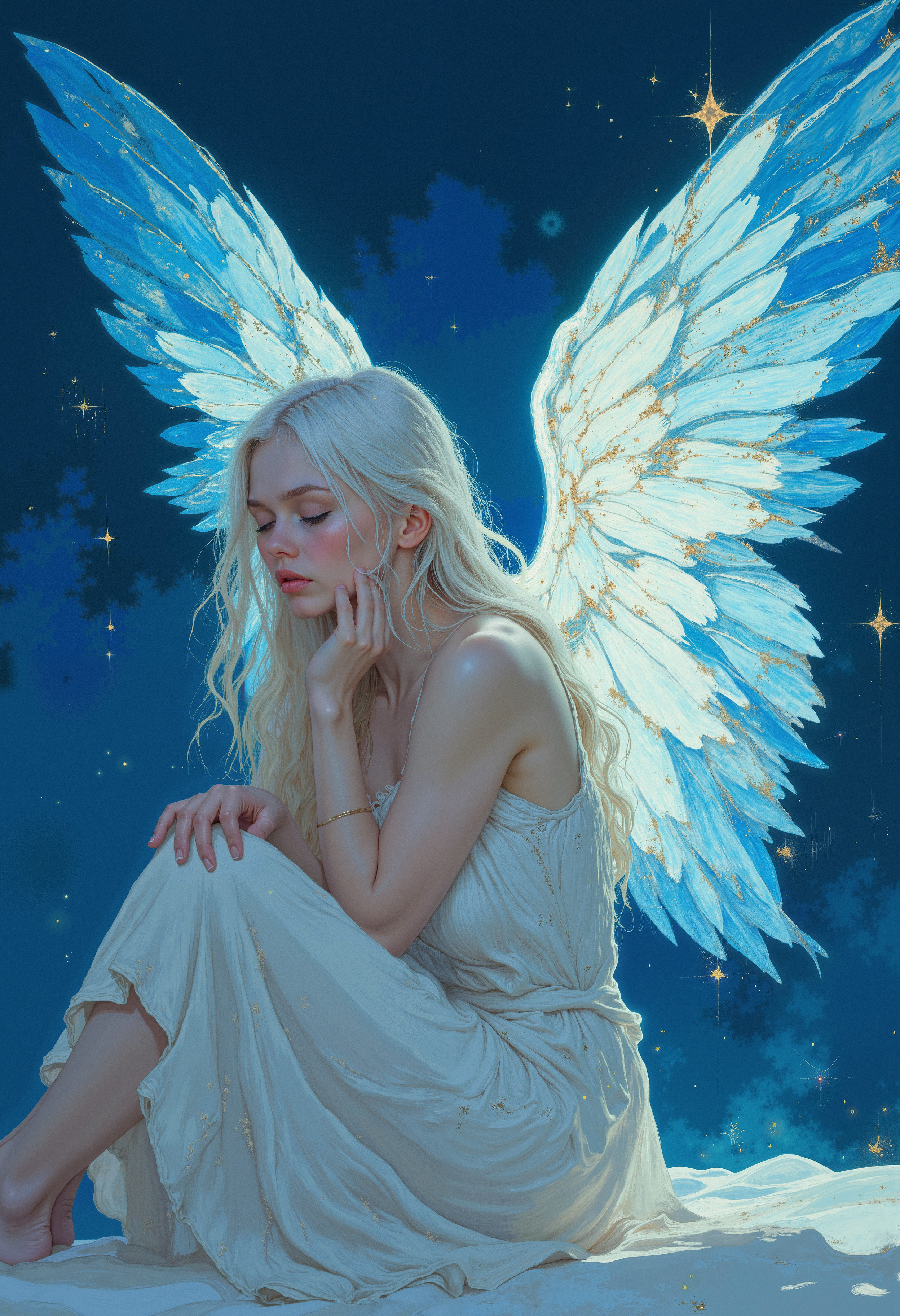 A woman in a white dress with long soft white hair sits hugging her knees. Her body is surrounded by two huge translucent wings, which are a bright light blue color with smooth transitions to white. The wings are detailed with fine feathers and glow with flecks of stars, some of which exude a golden light like small streams of stardust. The figure's skin is pale and the face is hidden due to the angle and wings. The scene is incredibly ephemeral and reminiscent of a dream, conveying a mood of loneliness and peace. The lighting is soft, with the main source of light being the glow of the wings. The overall atmosphere is magical, calm and celestial, with a deep blue background emphasizing the contrast of the glowing wings and stardust.  <lora:FLUX-daubrez-DB4RZ:0.83> DB4RZ, DB4RZ style painting, <lora:ILLUSTRATION_2_FLUX v2:0.53> <lora:Fantastic Realism - s0_8 g4:0.43> f4nt4st1c,