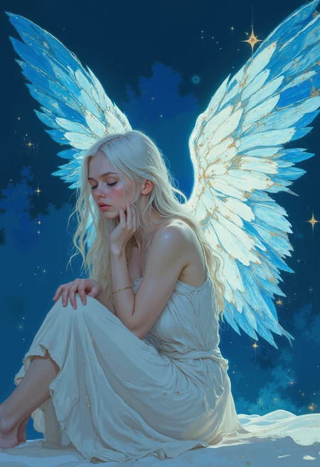 A woman in a white dress with long soft white hair sits hugging her knees. Her body is surrounded by two huge translucent wings, which are a bright light blue color with smooth transitions to white. The wings are detailed with fine feathers and glow with flecks of stars, some of which exude a golden light like small streams of stardust. The figure's skin is pale and the face is hidden due to the angle and wings. The scene is incredibly ephemeral and reminiscent of a dream, conveying a mood of loneliness and peace. The lighting is soft, with the main source of light being the glow of the wings. The overall atmosphere is magical, calm and celestial, with a deep blue background emphasizing the contrast of the glowing wings and stardust. <lora:FLUX-daubrez-DB4RZ:0.83> DB4RZ, DB4RZ style painting, <lora:ILLUSTRATION_2_FLUX v2:0.53> <lora:Fantastic Realism - s0_8 g4:0.43> f4nt4st1c,