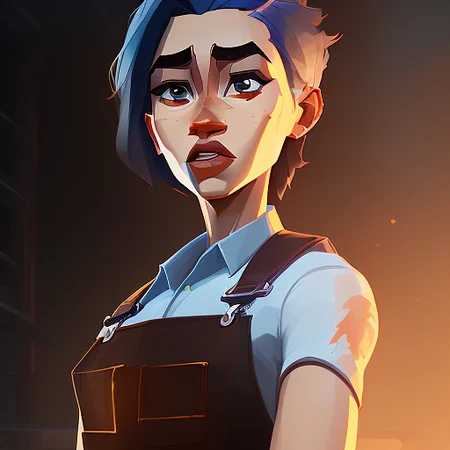 arcane style; positivism full body portrait of a brawny, slightly-built, Frightened storekeeper woman, Grandiose, envy, with brown undercut wearing overalls , digital art, trending on artstation, highly detailed, fine detail, intricate, outrun, vaporware
