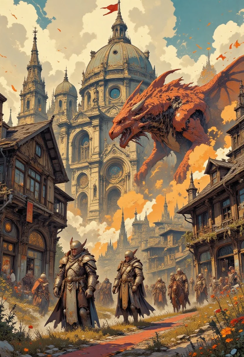 A medieval fantasy scene, set in a European castle or town. The scene is bathed in golden light. The central focus is a grand, domed cathedral with ornate Gothic architecture, featuring multiple spires and arched windows. The cathedral's dome is adorned with intricate carvings and a red flag waves from its highest point. In the foreground, a cobblestone street is flanked by wooden buildings with thatched roofs. (In front of the cathedral stands a huge evil red dragon that breathes fire). The dragon breathes fire to attack the city. The street is adorned with a red carpet running down the center, adding a touch of grandeur. Several armored knights fight the dragon, dressed in heavy chainmail and helmets, walk down the street, some on horseback, creating a sense of nobility and authority. The knights' armor is detailed with intricate designs, emphasizing their status. The background showcases more buildings and a bustling market scene, with people milling about and engaging in various activities. The scene is rich in detail. In the style of ff-td, vintage art, Fancha style.