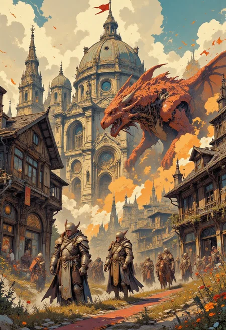 A medieval fantasy scene, set in a European castle or town. The scene is bathed in golden light. The central focus is a grand, domed cathedral with ornate Gothic architecture, featuring multiple spires and arched windows. The cathedral's dome is adorned with intricate carvings and a red flag waves from its highest point. In the foreground, a cobblestone street is flanked by wooden buildings with thatched roofs. (In front of the cathedral stands a huge evil red dragon that breathes fire). The dragon breathes fire to attack the city. The street is adorned with a red carpet running down the center, adding a touch of grandeur. Several armored knights fight the dragon, dressed in heavy chainmail and helmets, walk down the street, some on horseback, creating a sense of nobility and authority. The knights' armor is detailed with intricate designs, emphasizing their status. The background showcases more buildings and a bustling market scene, with people milling about and engaging in various activities. The scene is rich in detail. In the style of ff-td, vintage art, Fancha style.
