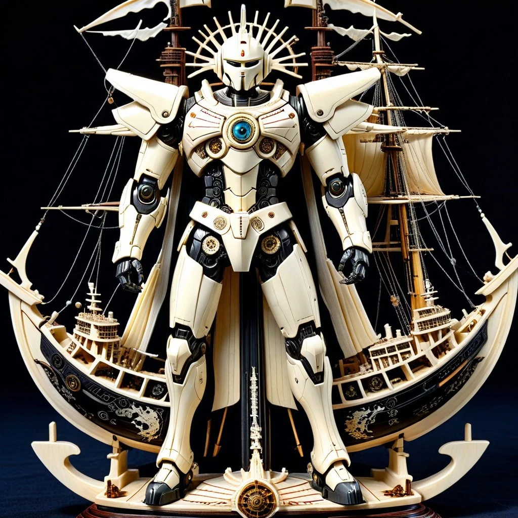 made out of, ebony, ivory, scrimshaw, bone carving, mecha, standing, pose, super robot anime, anime style,  on ship carrier, 2d high score, masterpiece, best quality, absurdres,