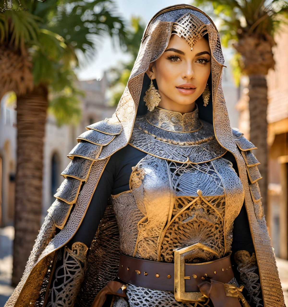 RAW photo, (masterpiece:1.3), subsurface scattering, heavy shadow, (high quality:1.4), (intricate, high detail:1.2), professional photography, HDR, High Dynamic Range, realistic, ultra realistic, photorealistic, high resolution, film photography, ambient lighting, atmospheric effects, <lora:detail_slider_v4:2>, OverallDetail,  <lora:Arabian_Town:0.68>, artow, Denise, <lora:Denise:1>, earrings, upper body shot, as an arabian warrior, wearing intricate medieval arabian chainmail armor, cape, veil, belt, ArAr, <lora:ArabianArmor-10:0.8>, in a street with arabian houses, epiCPhoto,  <lora:cleavage:-1>