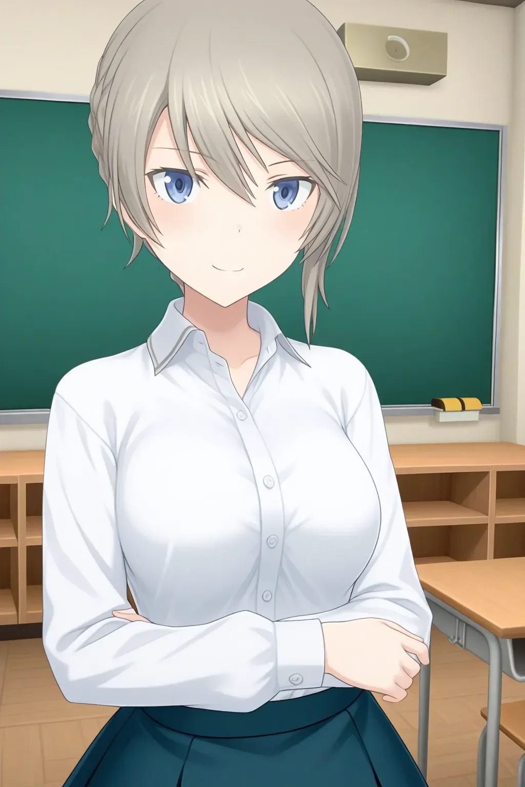 <lora:alicegear_adelaide_ilxl:1>masterpiece, best quality, alicegear_adelaide_ilxl, 1girl, solo, white shirt, skirt, classroom, standing,  from front, looking at viewer, teacher, cowboy shot, upper body, smile