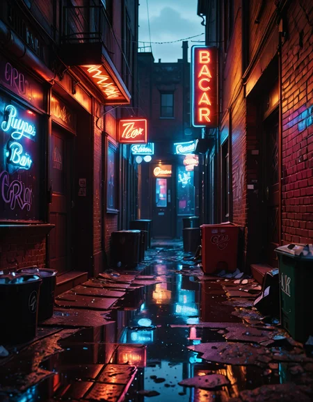 A highly detailed and realistic photograph of a dark alleyway behind a bar at night. The narrow passage is dimly lit by a flickering neon sign casting a moody red and blue glow onto the wet pavement. The walls are made of old, weathered brick covered in graffiti, with metal fire escapes zigzagging above. Trash bags and discarded crates are scattered along the alley, and a few puddles reflect the neon lights, adding depth to the scene. A single, dented metal door with a small, barred window leads into the back of the bar, with a faint warm light seeping through the cracks. The air is thick with mist, and the distant hum of the city is broken only by the occasional drip of water from a rusted drainpipe. A sense of mystery and urban grit fills the atmosphere, evoking a cinematic, noir-style aesthetic.
<lora:SDXLFaeTastic2400:0.4> <lora:extremely_detailed:0.4> extremely detailed, <lora:all3yway-ill:1>,all3yway, Masterpiece,best quality,hi res,8k,hi res,8k,award winning,(sharp focus, intricate, highly detailed),
